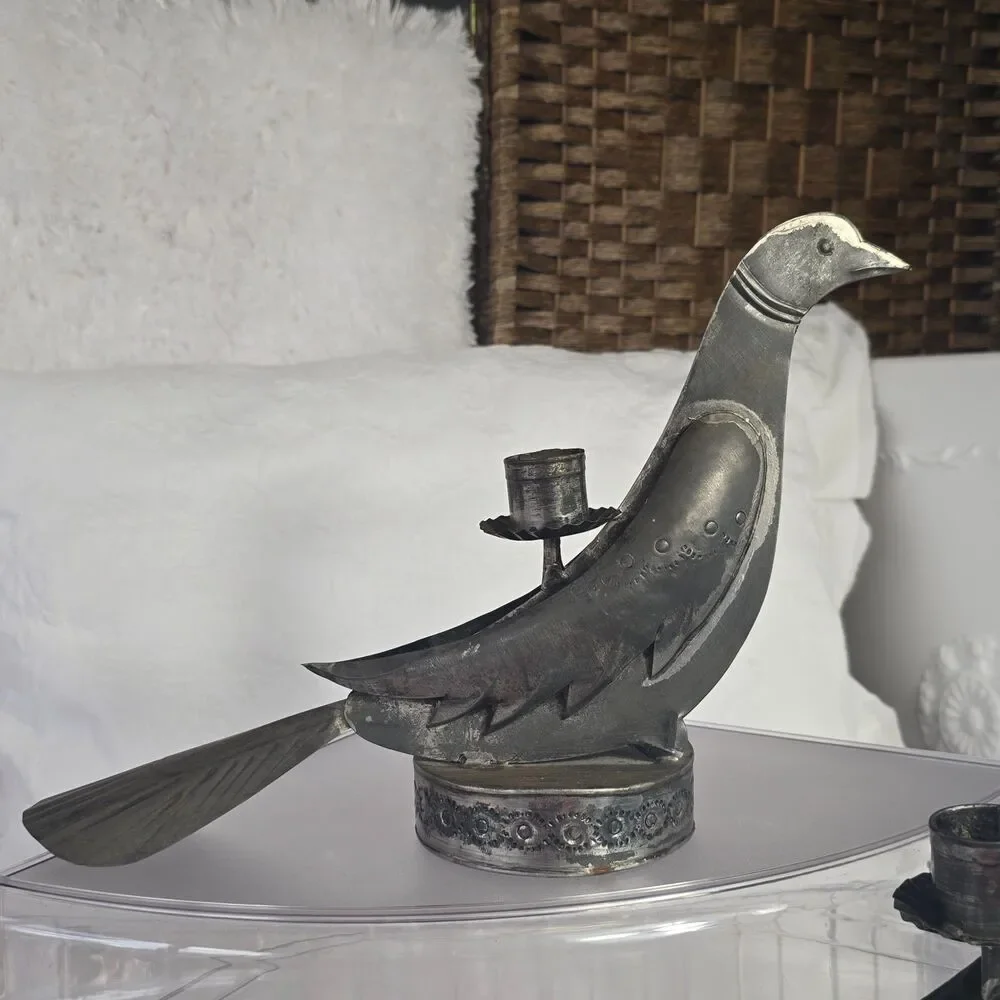 2 pc Antique Embossed Tin Folk Art Doves Birds Candle Holders Punched Rustic 14